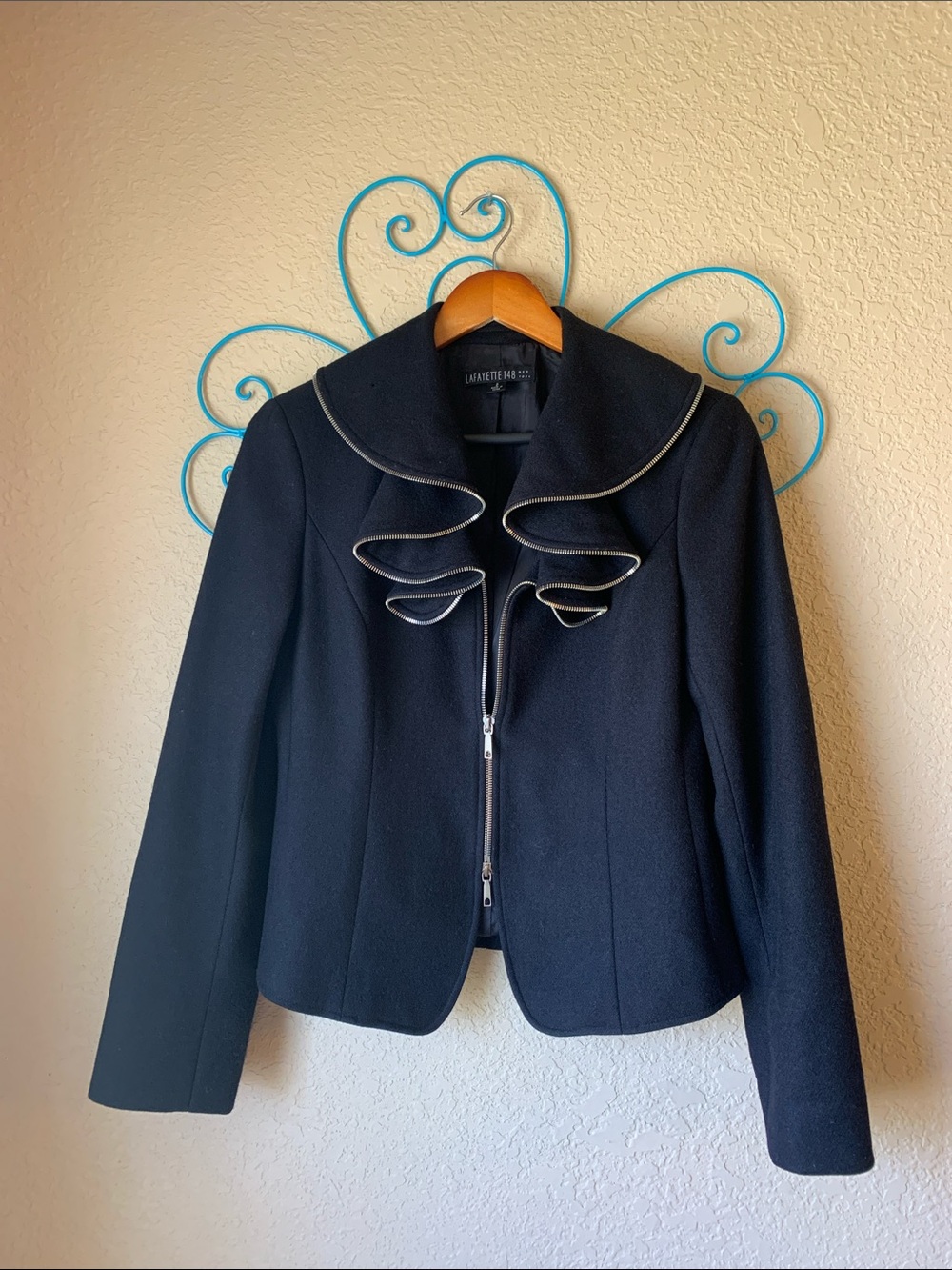 Lafayette 148 Wool Black Ruffle-Trim Zip Front Jacket AS IS